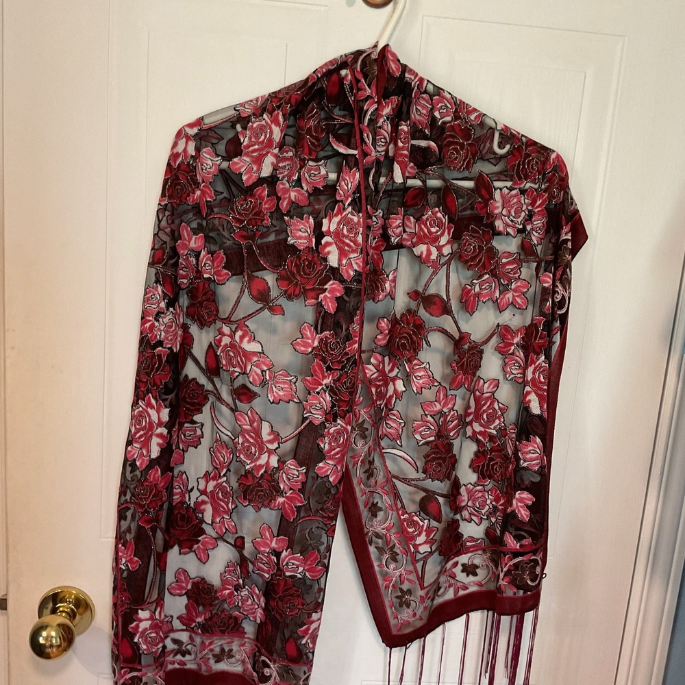 Unbranded Burnoutโ Velvet Scarf Womens OS Red Excellent Floral Mesh Fringe Wrap